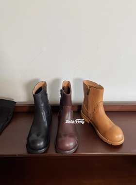 ZACH PENG真皮复古小众设计西部牛仔靴女2025新款机车大头短筒靴