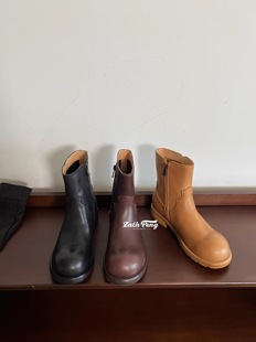 ZACH PENG真皮复古小众设计西部牛仔靴女2025新款机车大头短筒靴