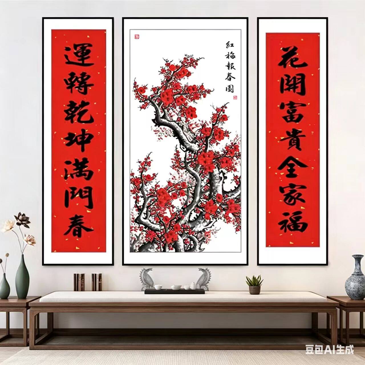 喜上眉梢中堂画客厅挂画农村堂屋大气壁画三联大厅字画对联装饰画