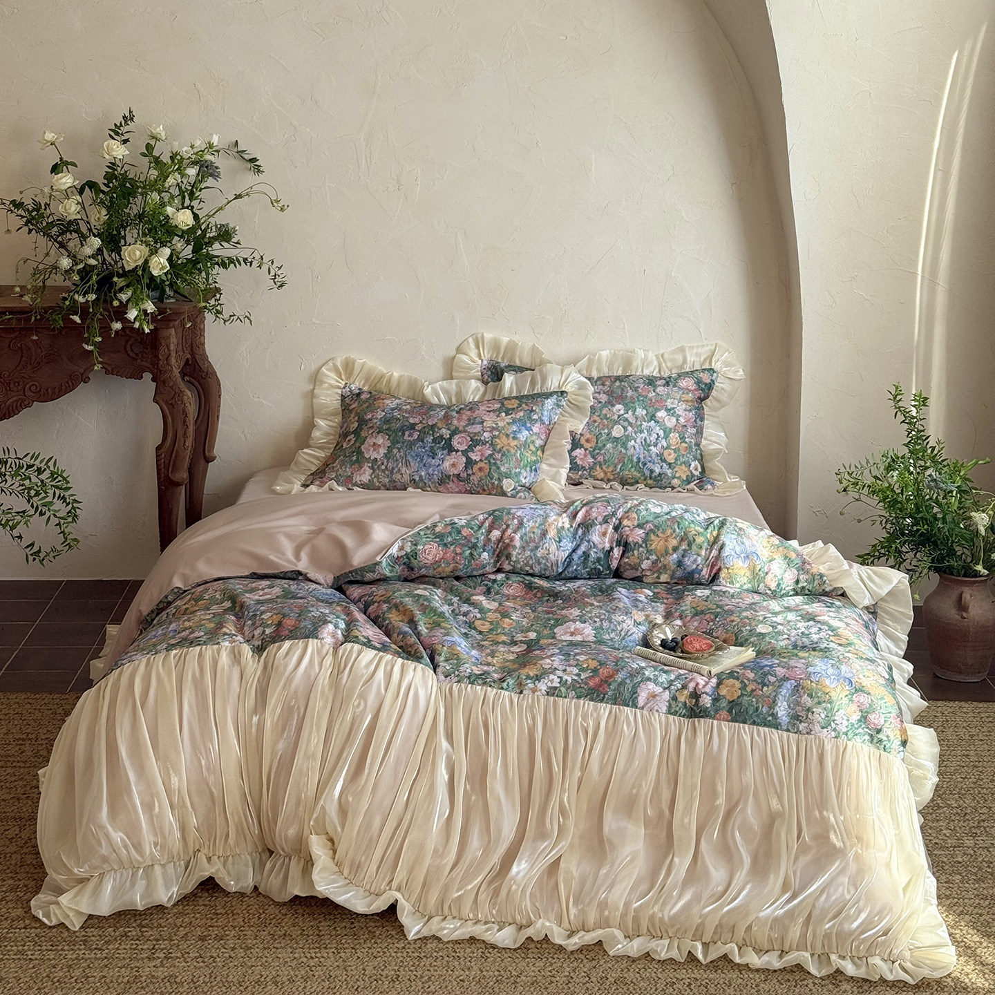 法式公主风粉色贡缎提花全棉四件套刺绣蕾丝花边纯棉被套床裙床品