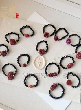 2026高含量朱砂紫金砂戒指黑水晶手工编织串珠石榴石弹力朱砂戒圈