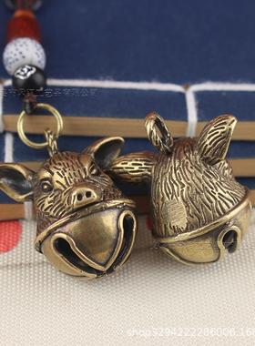 2026黄铜猪头铃铛风铃挂件仿黄铜复古钥匙扣挂件吉祥复古黄铜铃铛