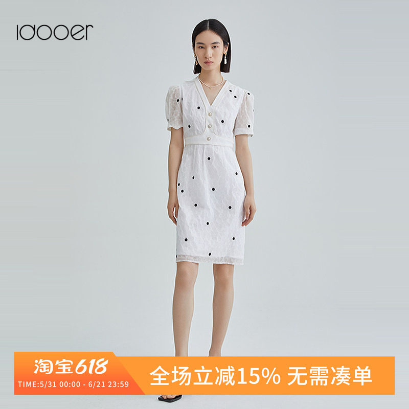 idooer波点复古绣花短袖连衣裙
