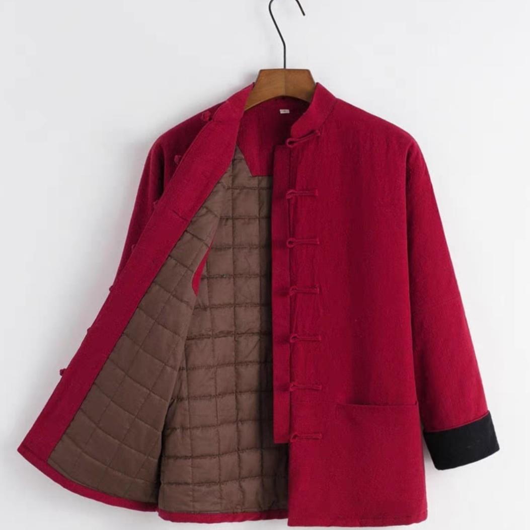 唐装男士连肩袖棉花棉袄+棉裤亚麻冬季加厚棉服盘扣对襟复古棉衣