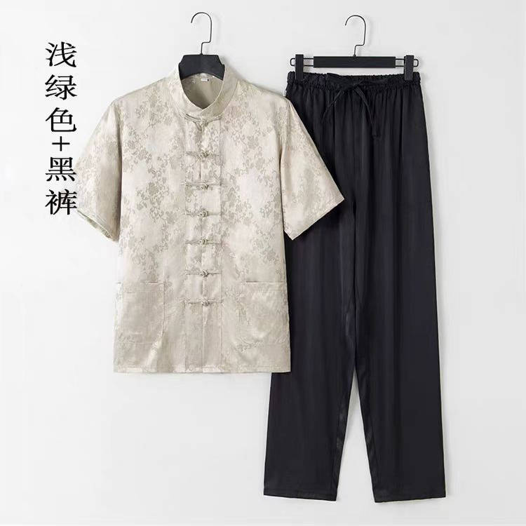 唐装冰丝提花短袖+长裤套装夏季男士轻薄高档国风中式清凉中老年