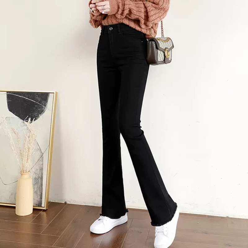 黑色微喇磨边高腰牛仔裤Black Boot Cut Jean