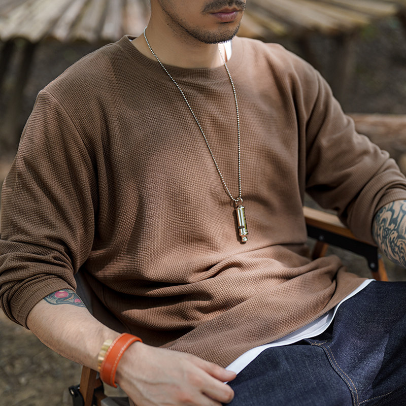 华夫格t恤男长袖宽松纯色