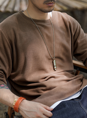 华夫格t恤男长袖宽松纯色圆领咖啡色针织内搭打底衫秋冬卫衣上衣