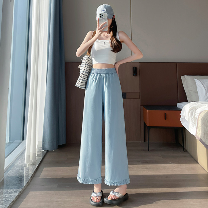 垂坠感花边阔腿九分休闲裤女夏装2025新款小个子高腰显瘦直筒裤