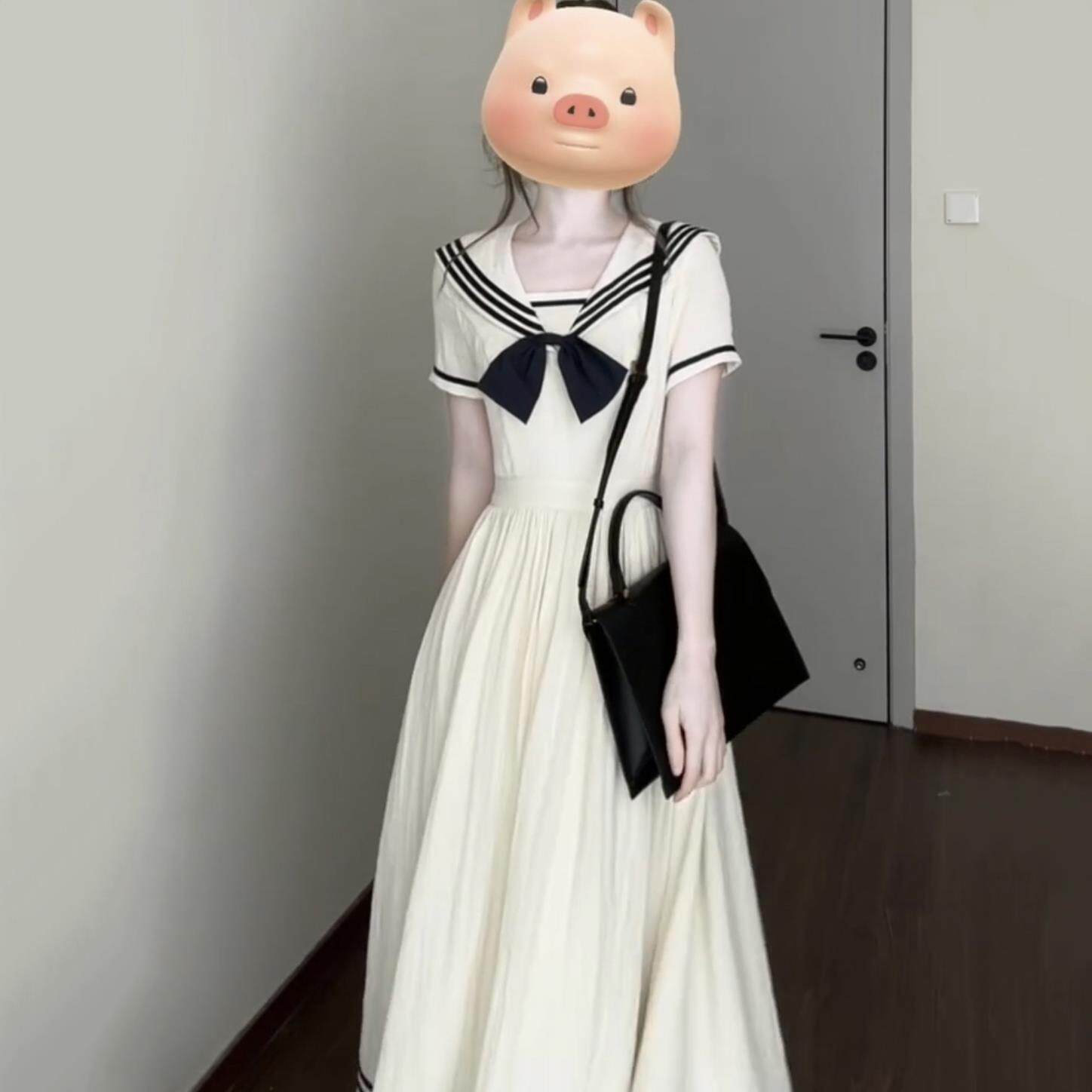 春夏季白色法式学院风连衣裙女2025新款海军领水手服显瘦a字裙子