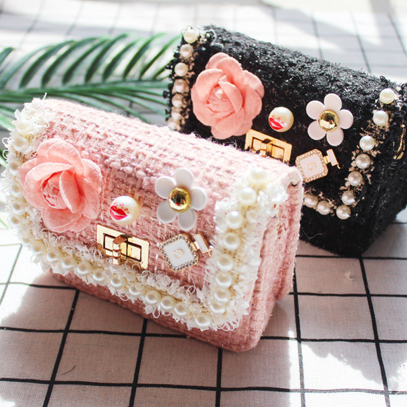 女童钉珠小香风百搭斜挎包时尚毛呢花朵挎包韩国百搭公主出游小包