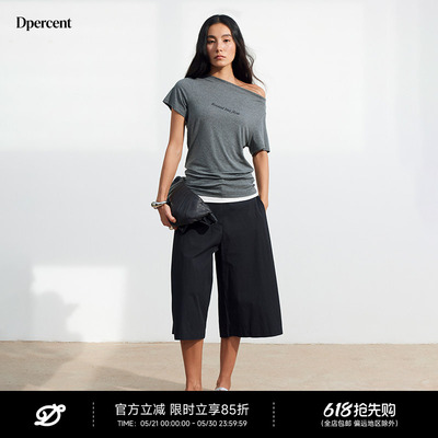Dpercent丨斜肩假两件印花短袖