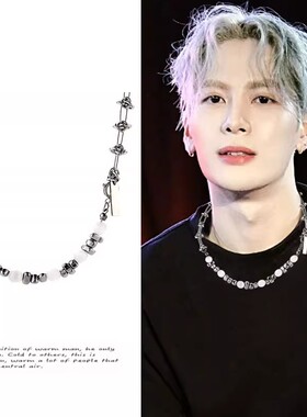 王嘉尔同款猫眼石串珠感项链男款嘻哈风钛钢链子男士锁骨链配饰