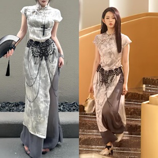 李柯以同款中式晕染不规则旗袍上衣+休闲垂感阔腿长裤+腰链国风