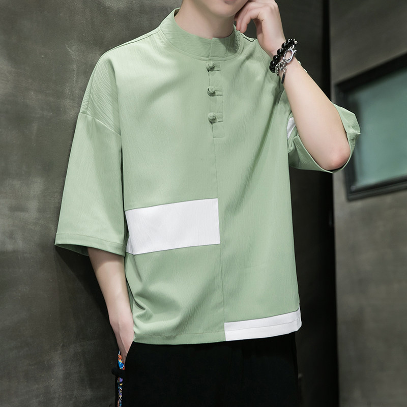 冰丝短袖t恤男夏季ins潮牌拼接立领衬衫复古盘扣唐装半袖体恤上衣