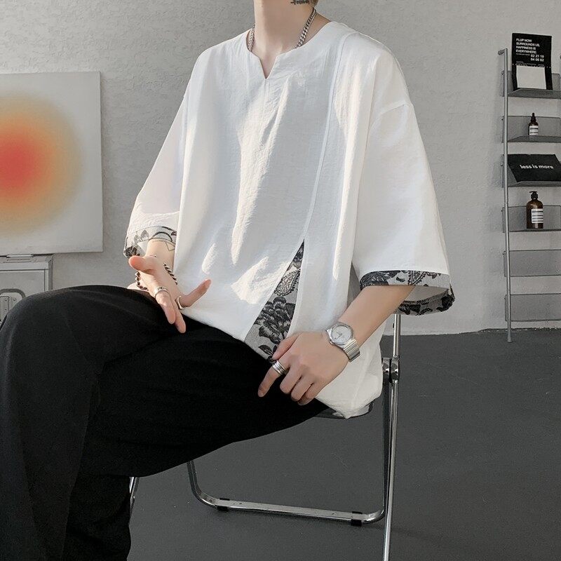 新中式亚麻天丝t恤男款特大码国