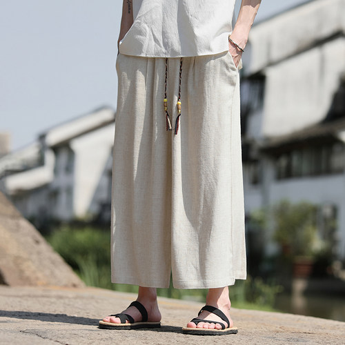 夏季亚麻八分裤男中式宽松直筒