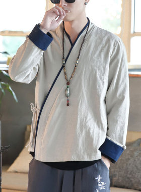 斜襟无扣棉料男式居家禅修服风衣
