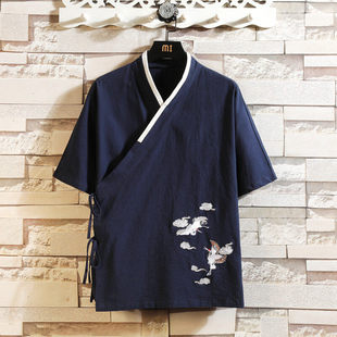 夏季中国风刺绣斜襟短袖汉服男宽松茶服复古风道袍居士服古装唐装