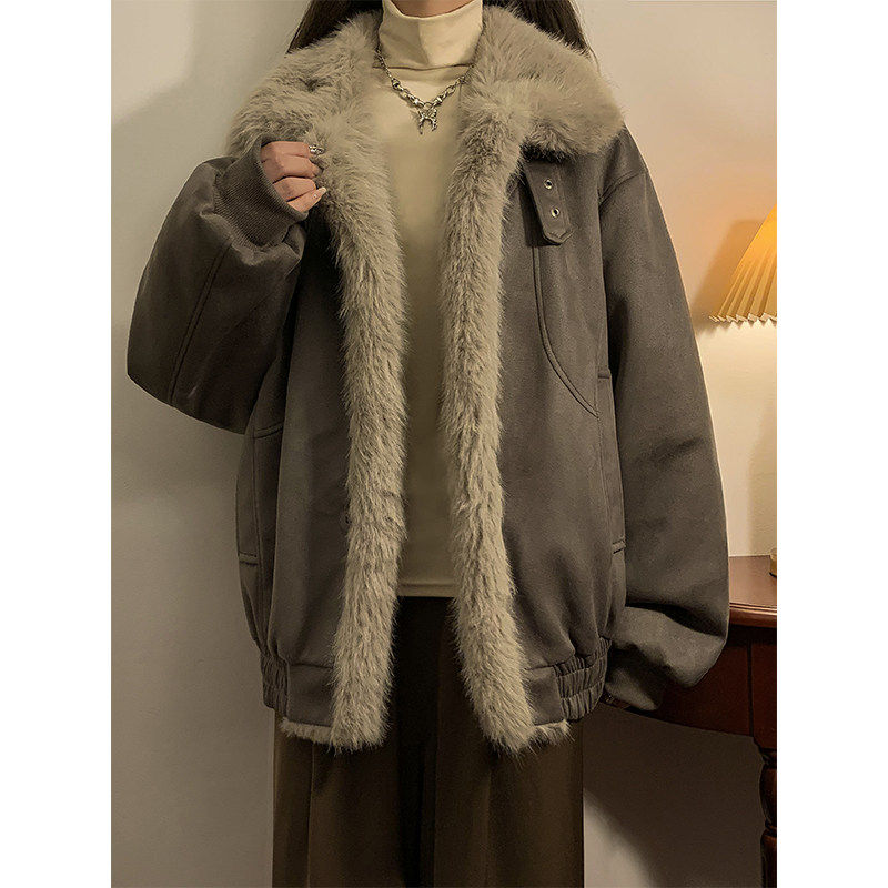 座山雕皮毛一体棉服男款冬季加厚保暖设计感美式翻领棉衣夹克外套