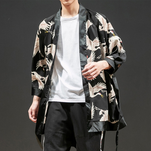 冰丝绸衬衫男夏季短袖宽松黑道服潮鹤刺绣外套仙鹤何江海男装港风