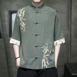 新中式 中國風(fēng)刺繡中華立領(lǐng)棉麻襯衫 夏季 復(fù)古唐裝 男短袖 亞麻居士服
