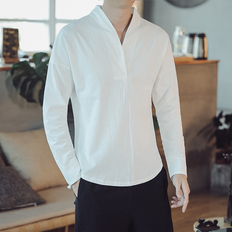 中国风男装春季亚麻长袖t恤男士打底衫复古风汉服唐装棉麻上衣服