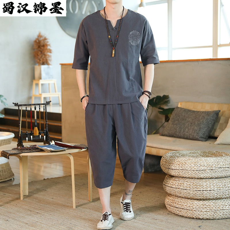 中国风棉麻套装男夏季两件套韩版潮流亚麻七分袖T恤帅气衣服一套