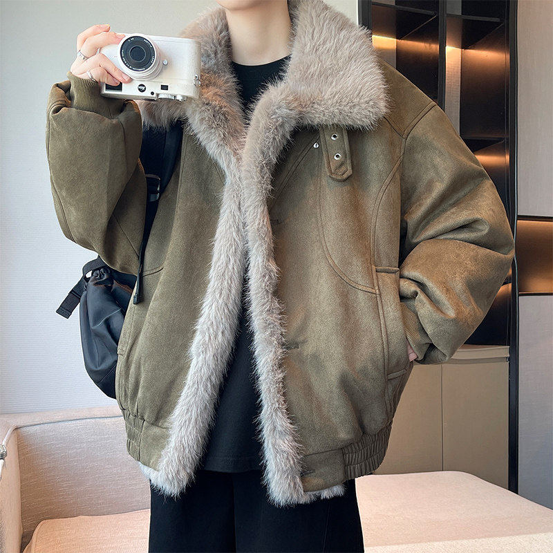 冬季加绒加厚座山雕棉服男高级感痞帅炸街鹿皮绒毛领外套上衣夹克