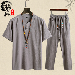 男士棉麻套装宽松短袖长裤老人衣服亚麻套装中老年人爸爸夏天男装