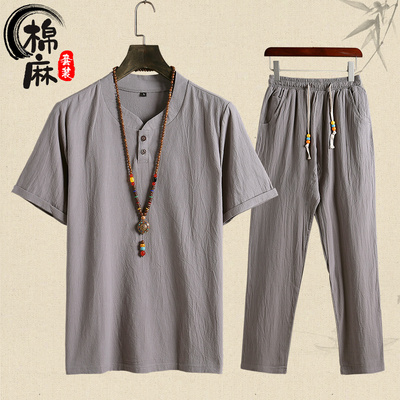宽松老人亚麻爸爸夏天短袖长裤