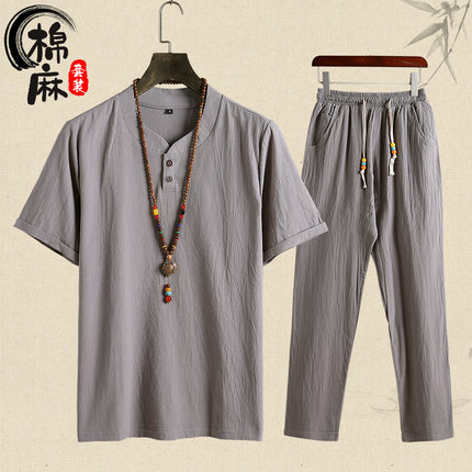 男士棉麻套装宽松短袖长裤老人衣服亚麻套装中老年人爸爸夏天男装