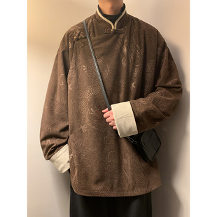 新中式汉服斜襟道袍男中国风龙纹提花盘扣唐装大码宽松中山装马褂