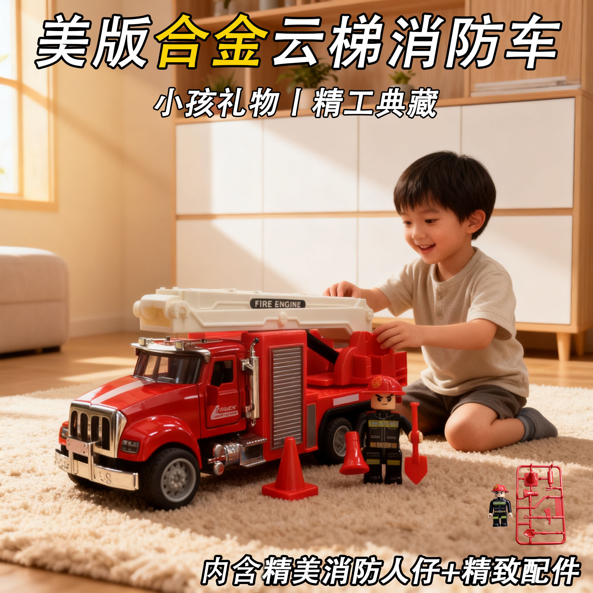 特惠云梯消防合金车模开门回力