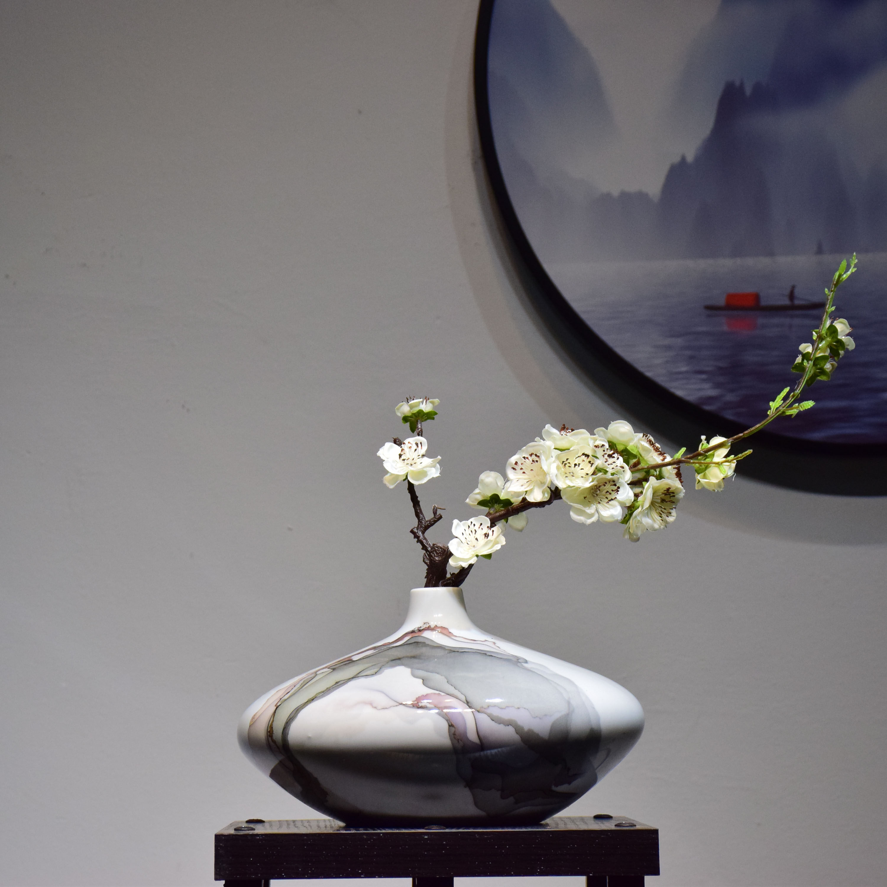 轻奢新中式景德镇陶瓷花瓶扁瓶禅意插花简约客厅玄关桌面家居装饰