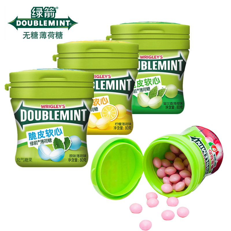 箭牌 绿箭脆皮软心薄荷糖原味柠檬薄荷糖草莓口香糖多口味80g*6瓶