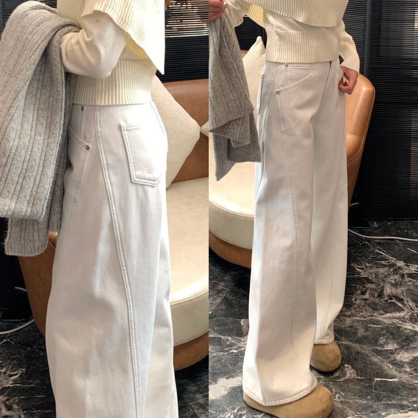 白色裤子女2026新款牛仔裤胖mm大码显瘦阔腿弯刀裤宽松直筒镰刀裤