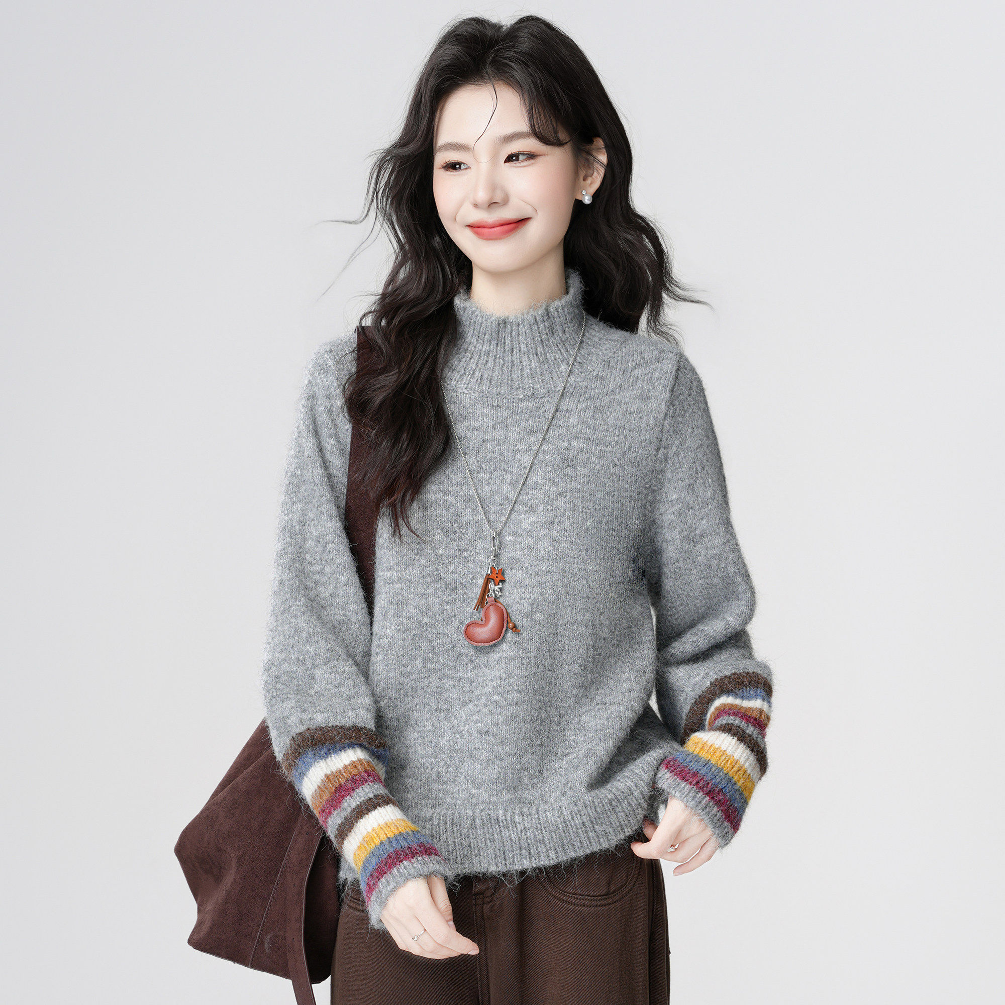 韩系半高领套头毛衣女2026秋冬新款条纹拼色袖加厚保暖针织衫上衣