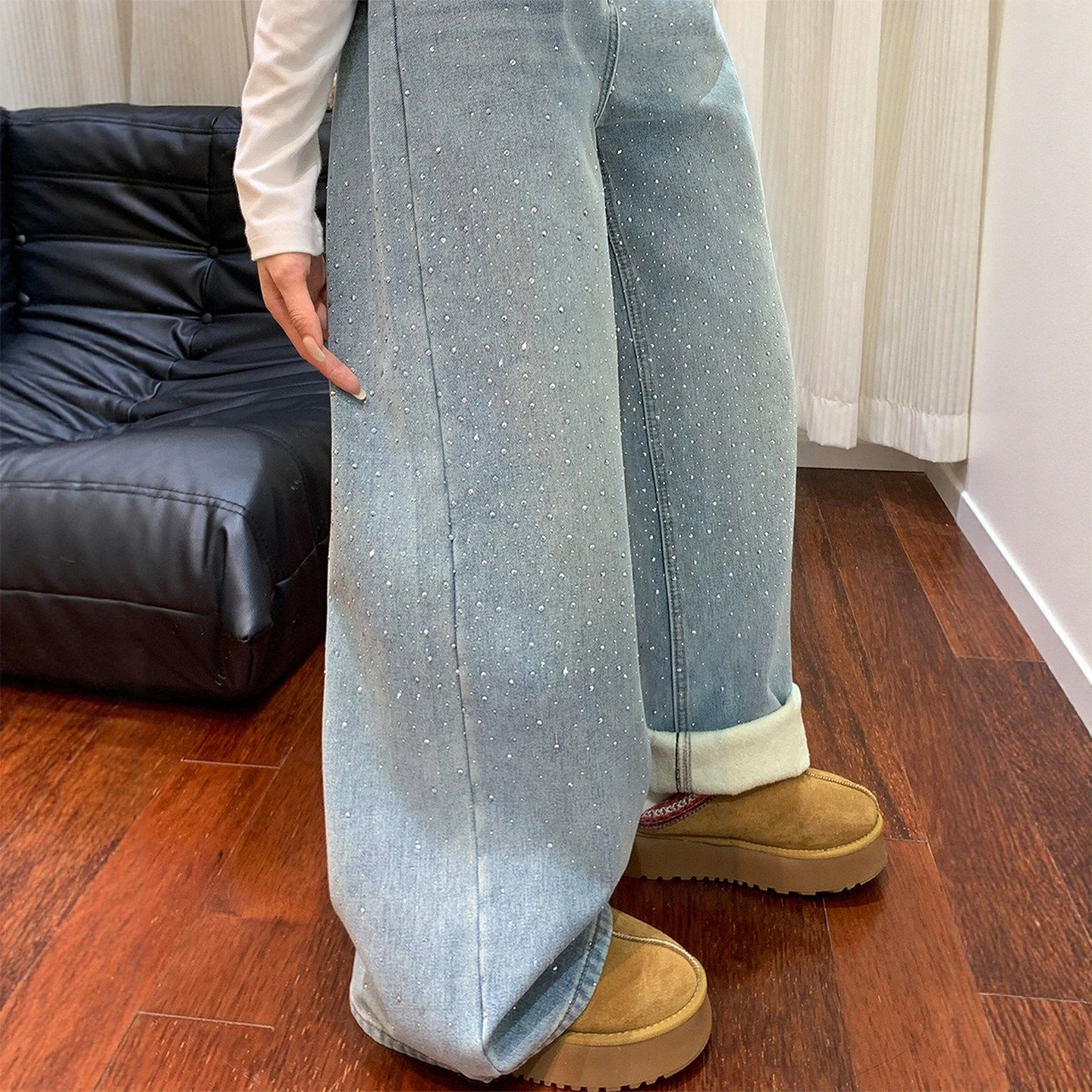 蓝色满天星烫钻阔腿牛仔裤女秋冬加绒加厚胖妹妹mm高腰显瘦直筒裤