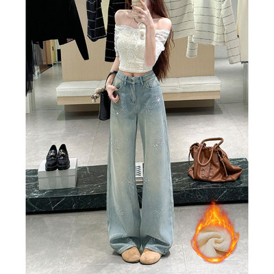 烫钻烟火阔腿牛仔裤女高