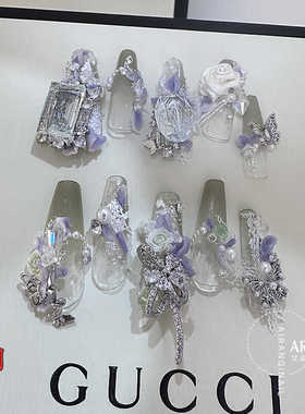 美甲材料包 蓝色莫尼花园 蝴蝶穿戴甲饰品方框底托布花透钻LZ