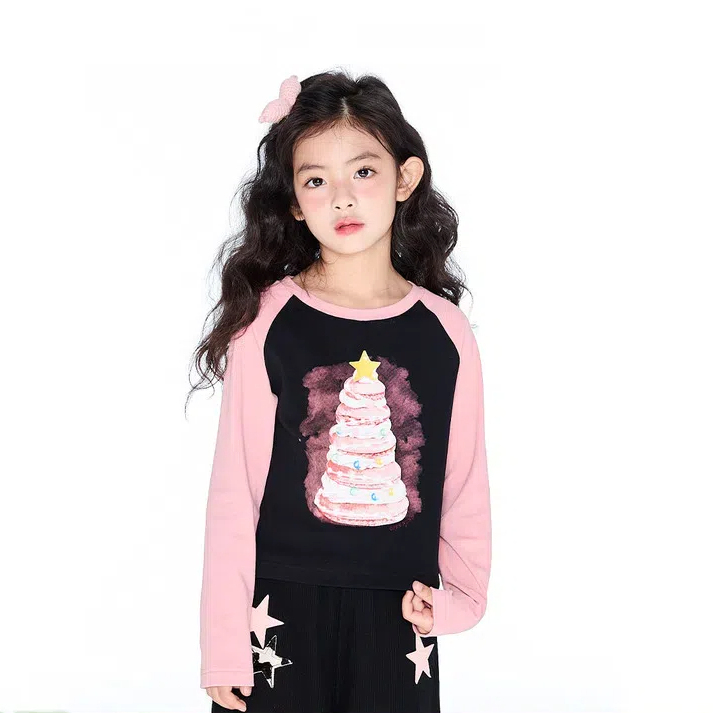 女童新品蛋糕涂鸦T恤春秋2025新款甜酷炸街中大童长袖上衣潮