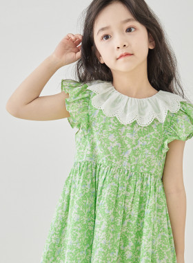 夏新品女童纯棉甜美超仙连衣裙花边领绿色碎花公主裙