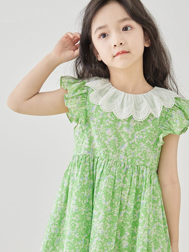 夏新品女童纯棉甜美超仙连衣裙花边领绿色碎花公主裙