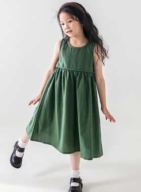 女童夏季田园风新款绿色纯棉条纹无袖时尚连衣裙
