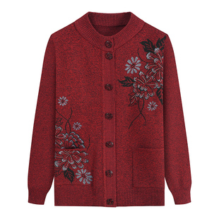 針織外套奶奶衣服裝 中老年春秋冬裝 女媽媽圓領(lǐng)毛衣開衫 老人羊毛衫