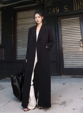 B家黑色高级感长款西装风衣外套女秋2023新款设计感高端大衣现货