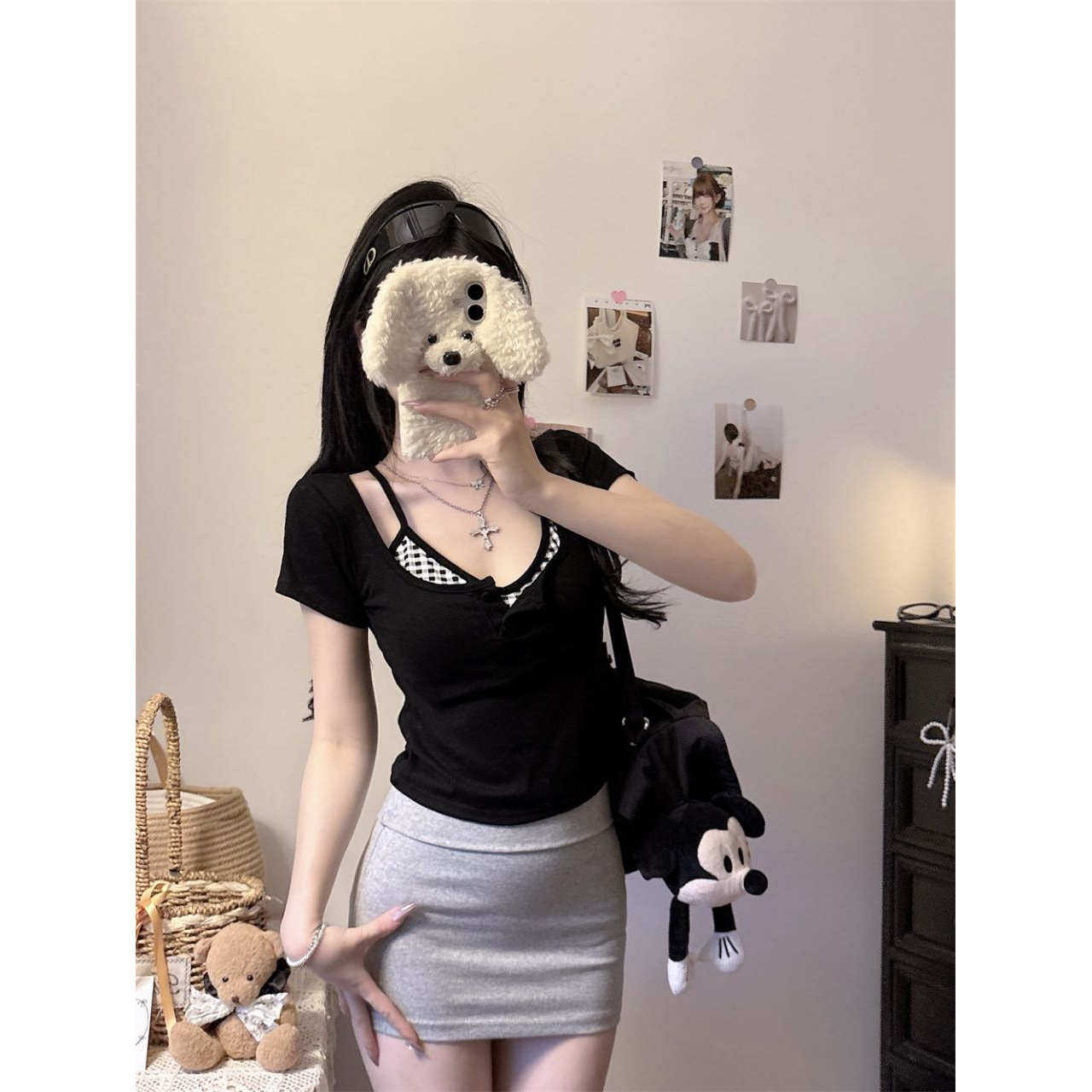 夏季新款纯欲性感吊带拼接短袖T恤女修身显瘦外穿小众别致带胸垫,女装/女士精品,T恤,淘宝优惠券,粉丝福利购,淘宝优惠卷