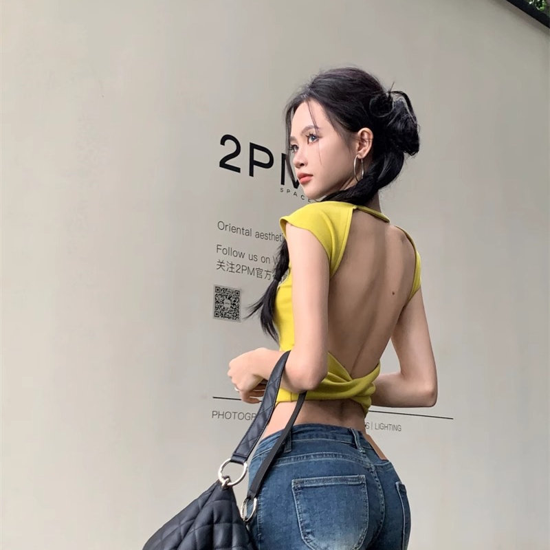 交叉露背纯色短袖正肩t恤女夏季设计感纯欲辣妹修身显瘦短款上衣图片
