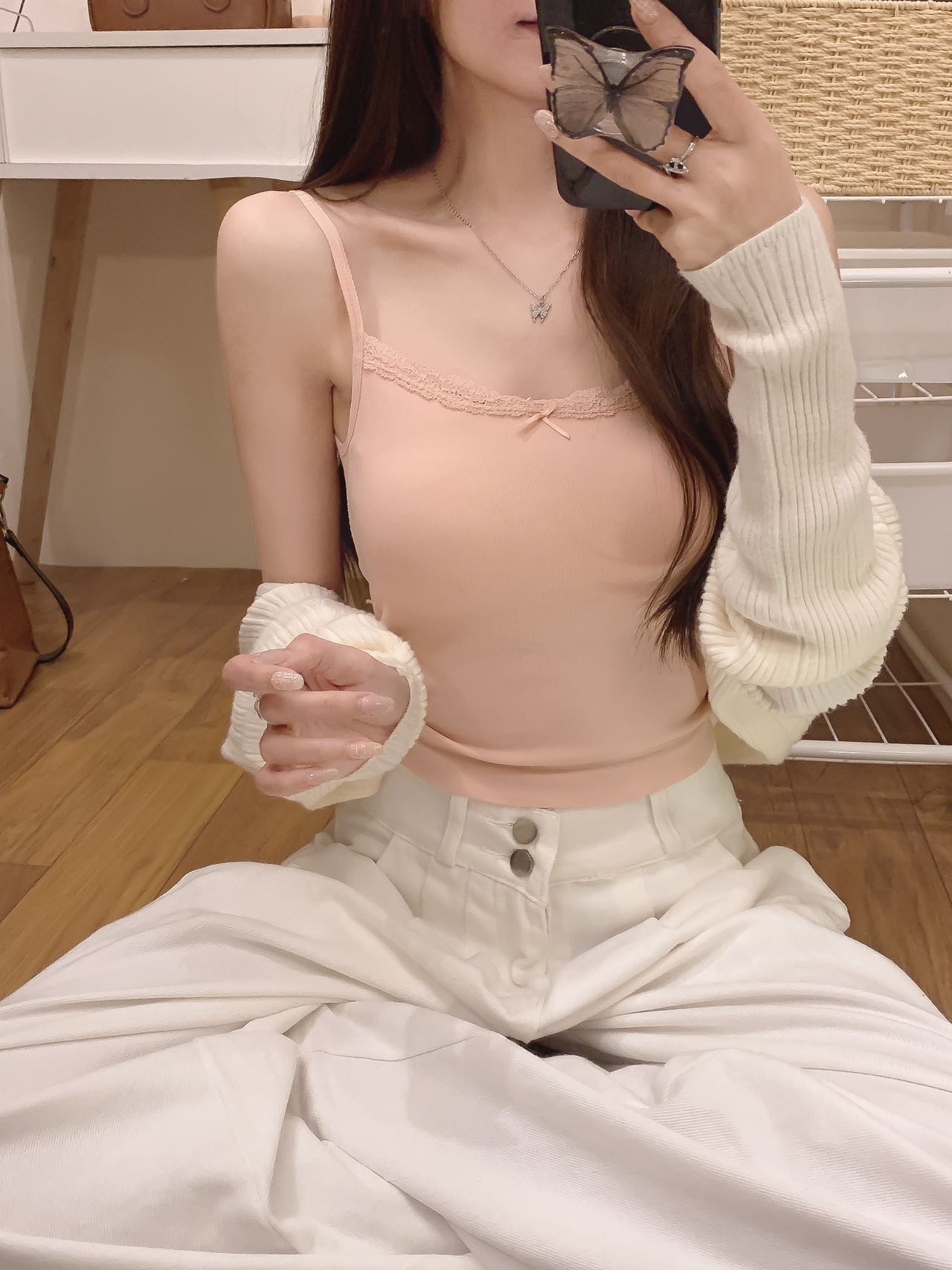 性感纯欲风小蝴蝶结心机吊带背心女装带胸垫亲肤无缝百搭小众上衣